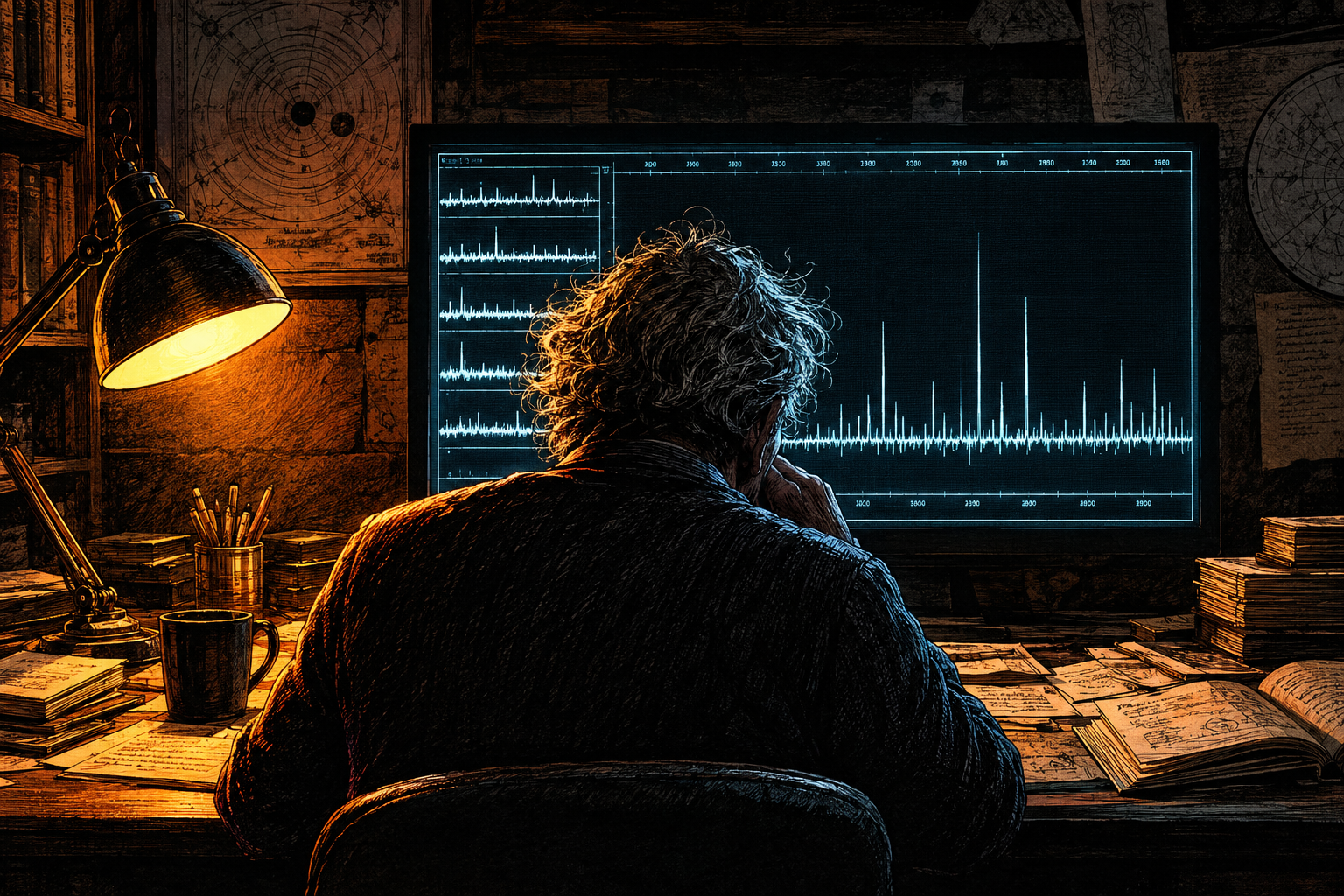 Night study: the professor's silhouette against a monitor of spectra