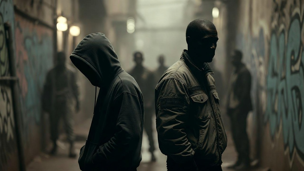 Two men back to back in a graffiti-covered alley
