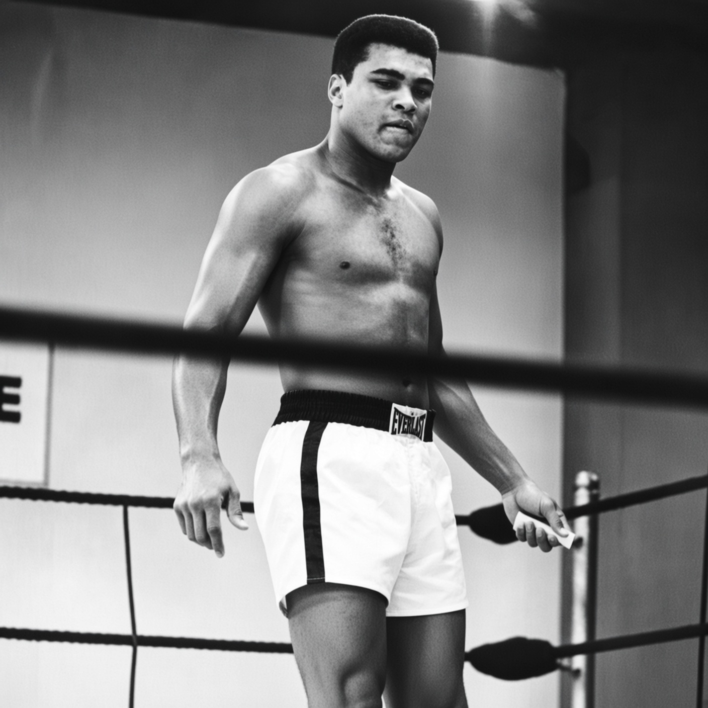 Muhammad Ali standing in the ring in training shorts, high-contrast black and white