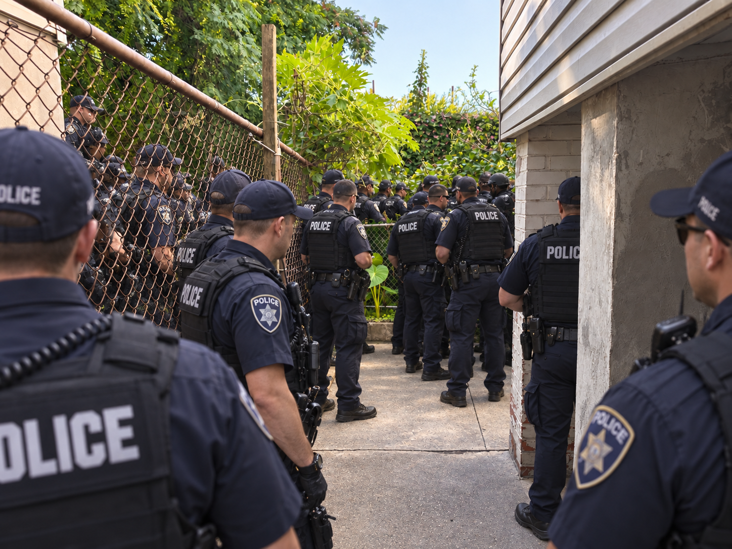 Recreation: a long line of police officers filling a narrow alley