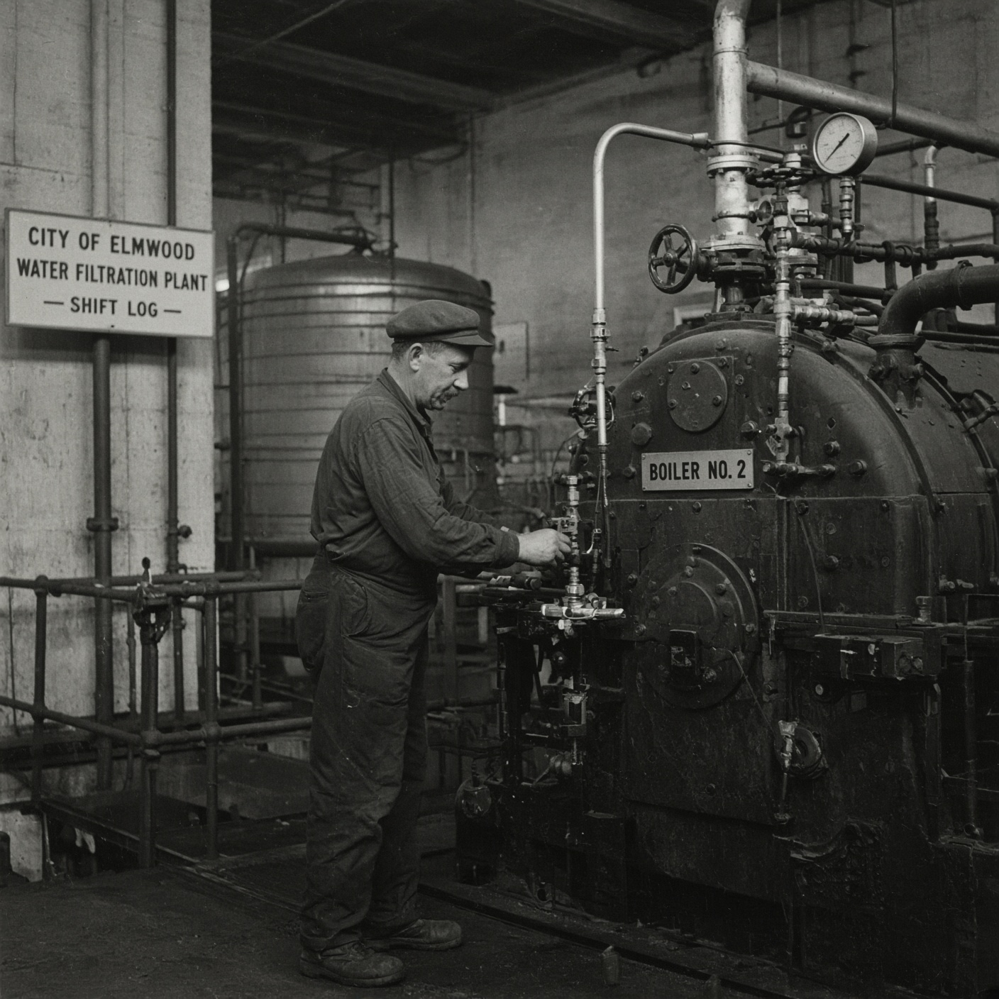A worker in overalls and flat cap at a valve panel beside Boiler No. 2, under a City of Elmwood Water Filtration Plant shift log sign.