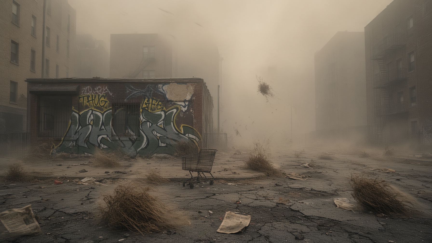 A block, a wall, a scattering of newspaper