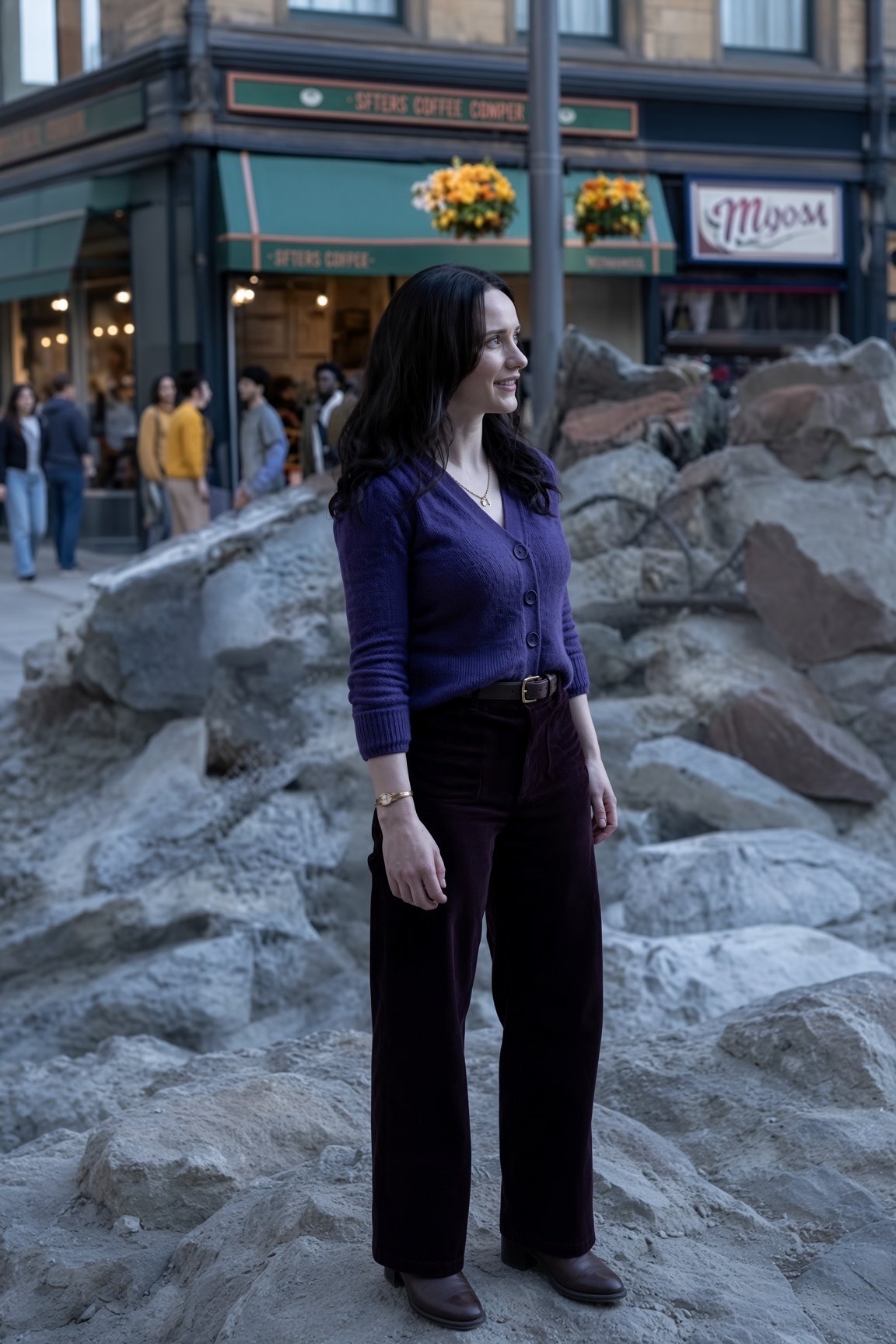 Lois Lane standing among rubble in a plain cardigan and corduroy trousers.