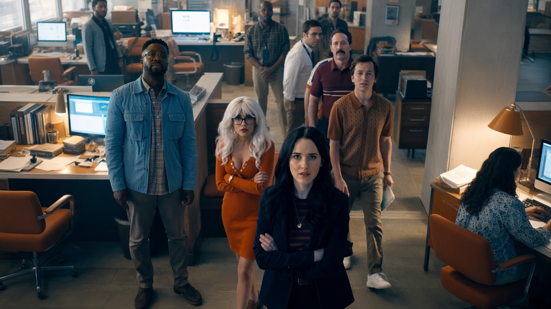 The Daily Planet newsroom staff standing together, looking upward.