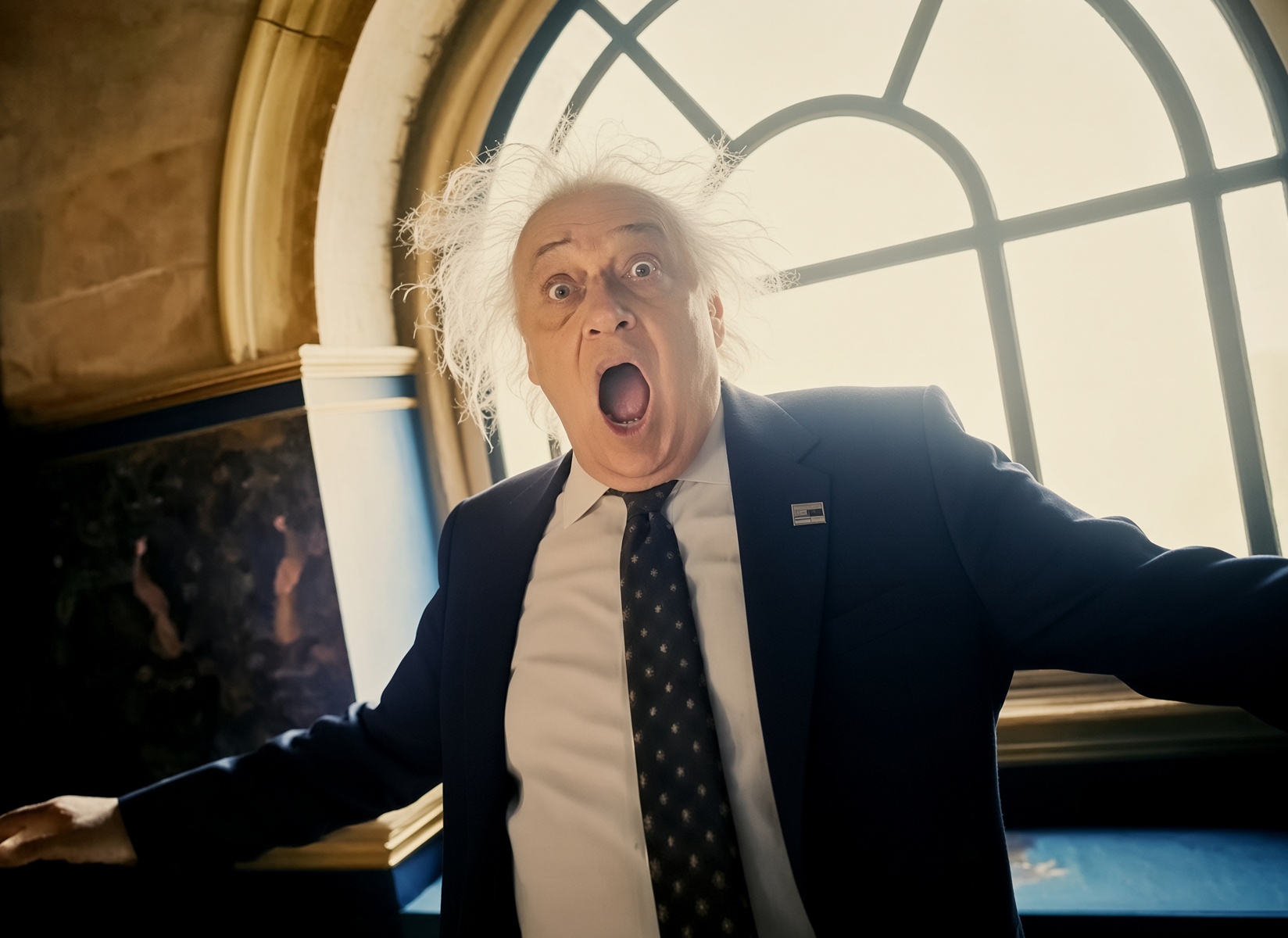 President Vasil Ghurkos of Boravia, wild-haired and open-mouthed in a dark suit.