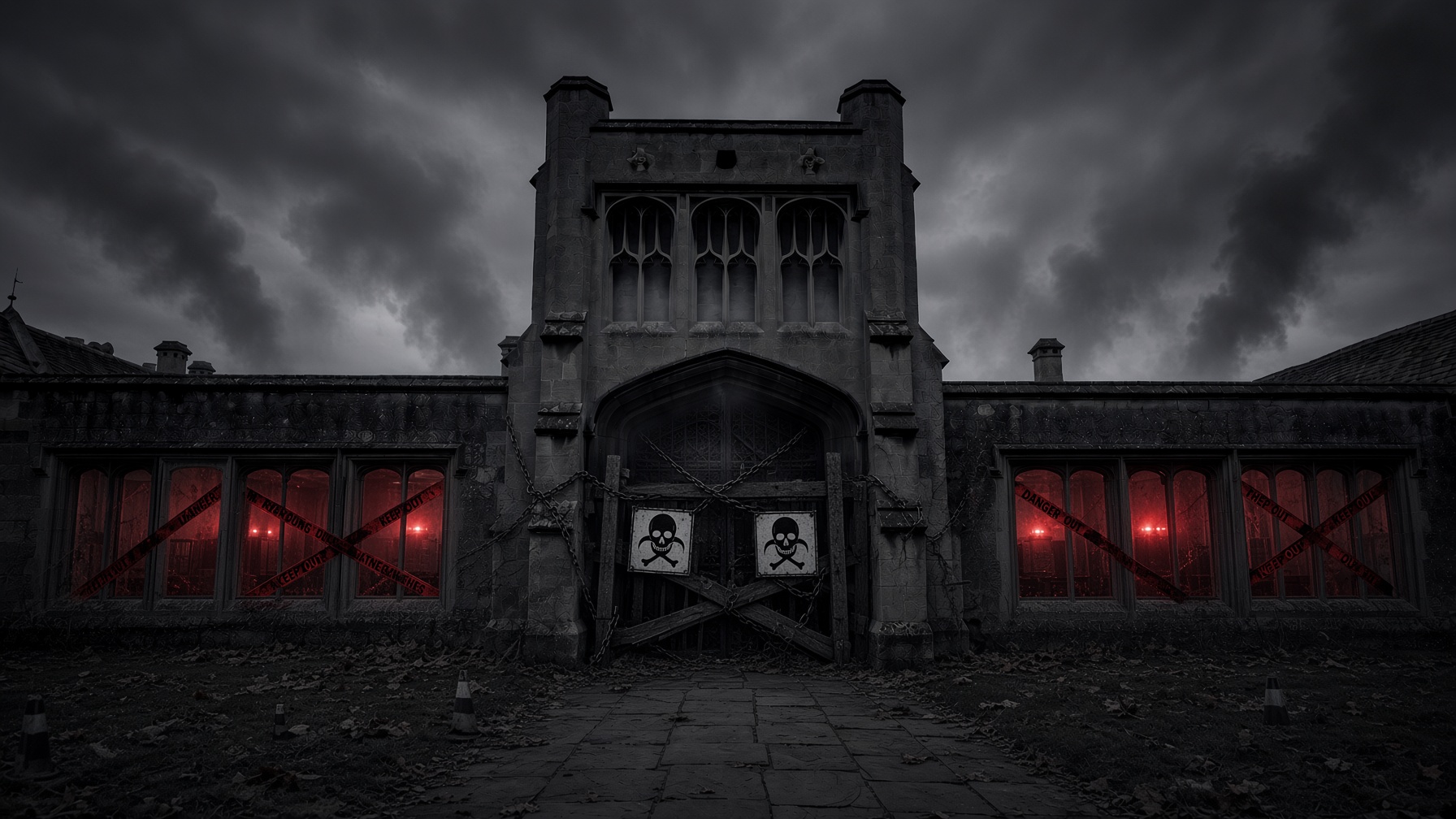 A gothic institutional gatehouse under storm cloud, its doors chained shut and hazard-taped, red light behind the windows.