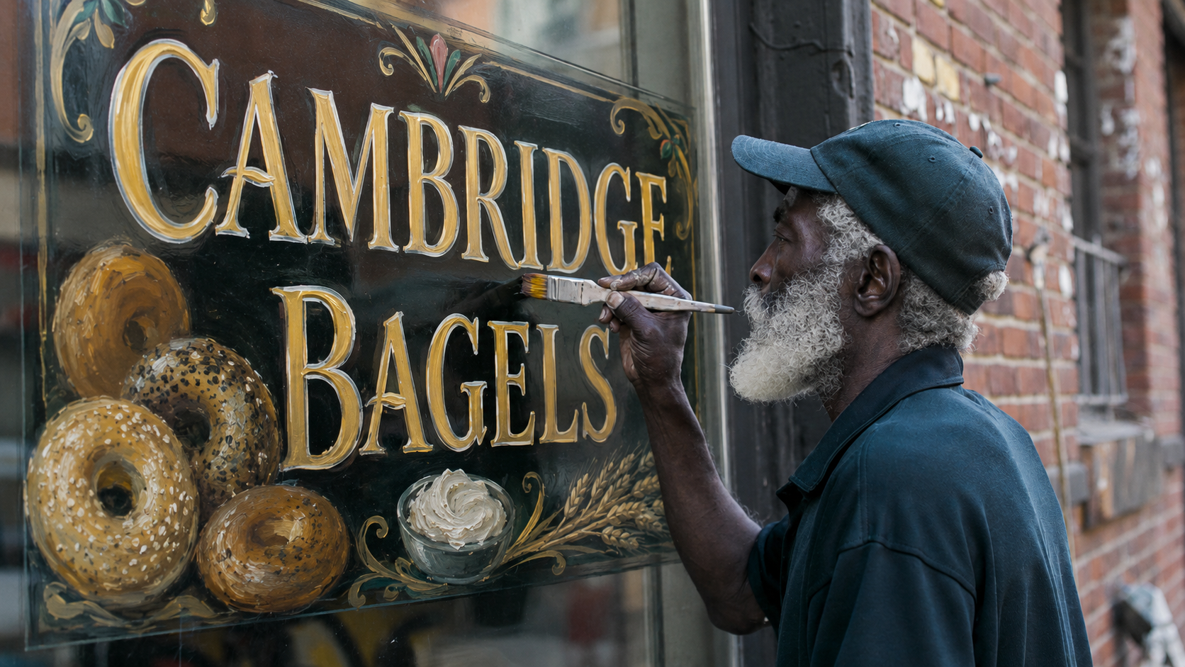 An older Black sign painter lettering a gilded CAMBRIDGE BAGELS sign onto shopfront glass, brush held steady at the letterform.