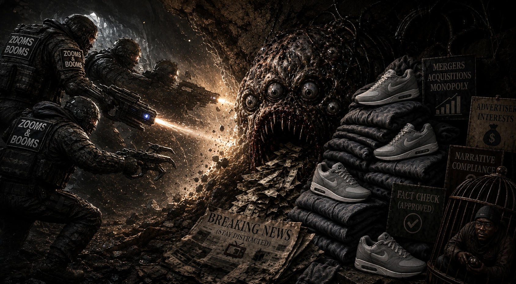 Zooms and Booms operators advancing on a many-eyed creature disgorging cash amid Breaking News sheets, stacked sneakers, and placards reading Mergers Acquisitions Monopoly, Advertiser Interests, Narrative Compliance, and Fact Check Approved, with a caged figure at the right
