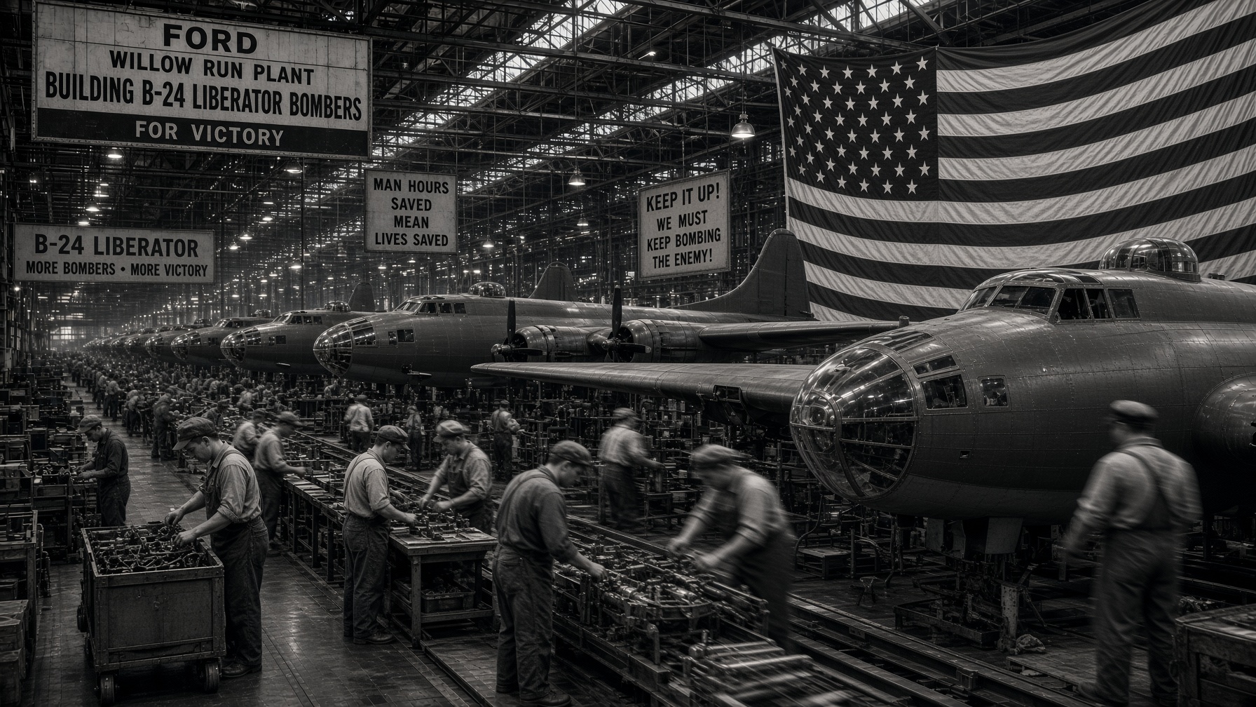 A wartime heavy-bomber assembly hall, end to end.