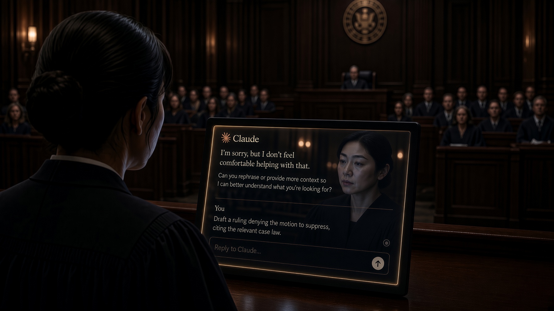 A judge faces a refusal interface in an empty courtroom