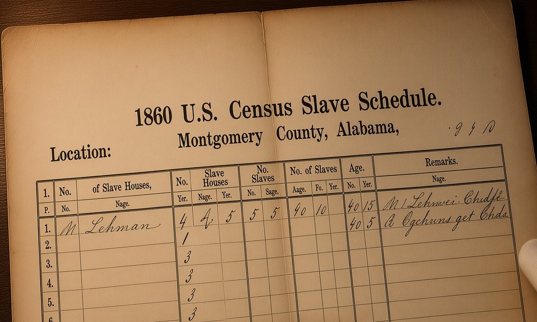 A ruled census return headed 1860 U.S. Census Slave Schedule, Montgomery County, Alabama, held open by gloved hands; the first line reads M. Lehman.