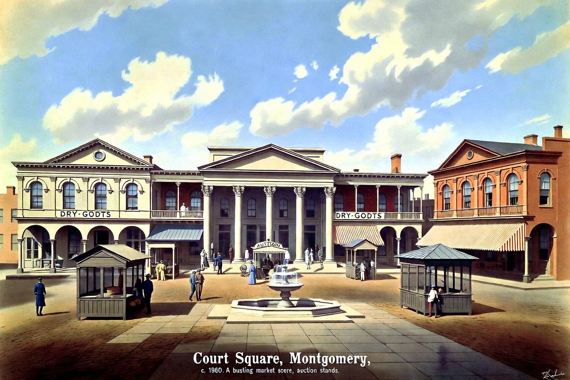 Court Square, Montgomery: a colonnaded market house flanked by dry-goods arcades, with an auction stand and a fountain in the open square.