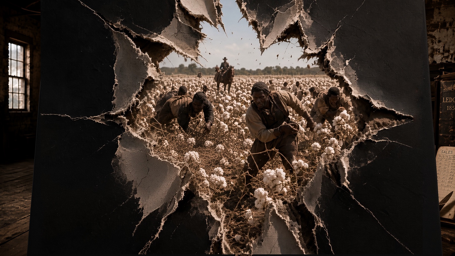 A black panel torn open at the centre; through the ragged hole, enslaved men pick cotton in a wide field under an overseer on horseback.