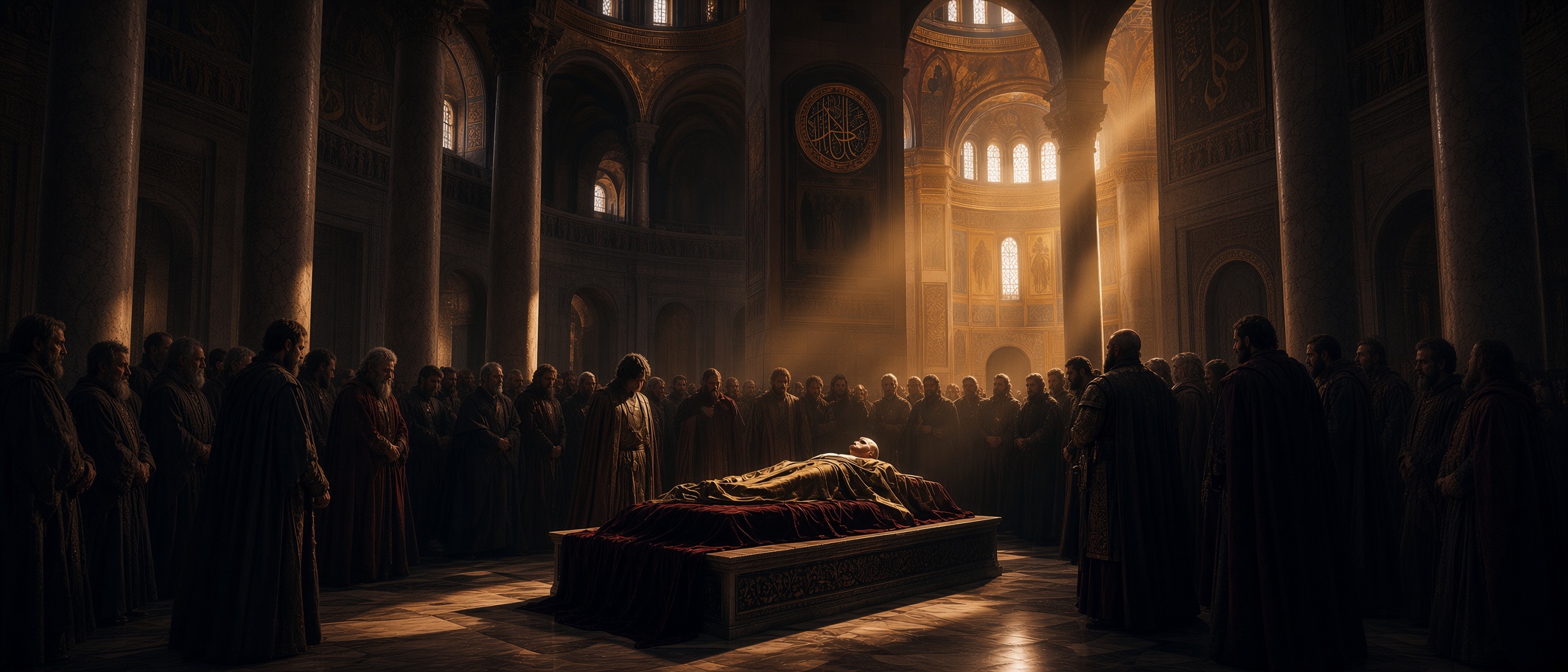 A body lying in state on a bier in a great domed church, ranks of mourners standing in the shafted light.