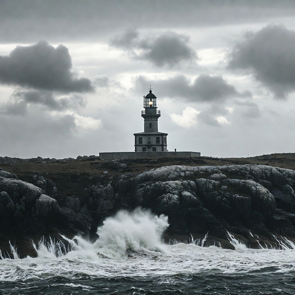 A working lighthouse on a wet headland under heavy cloud, sea breaking white on the rocks below it.