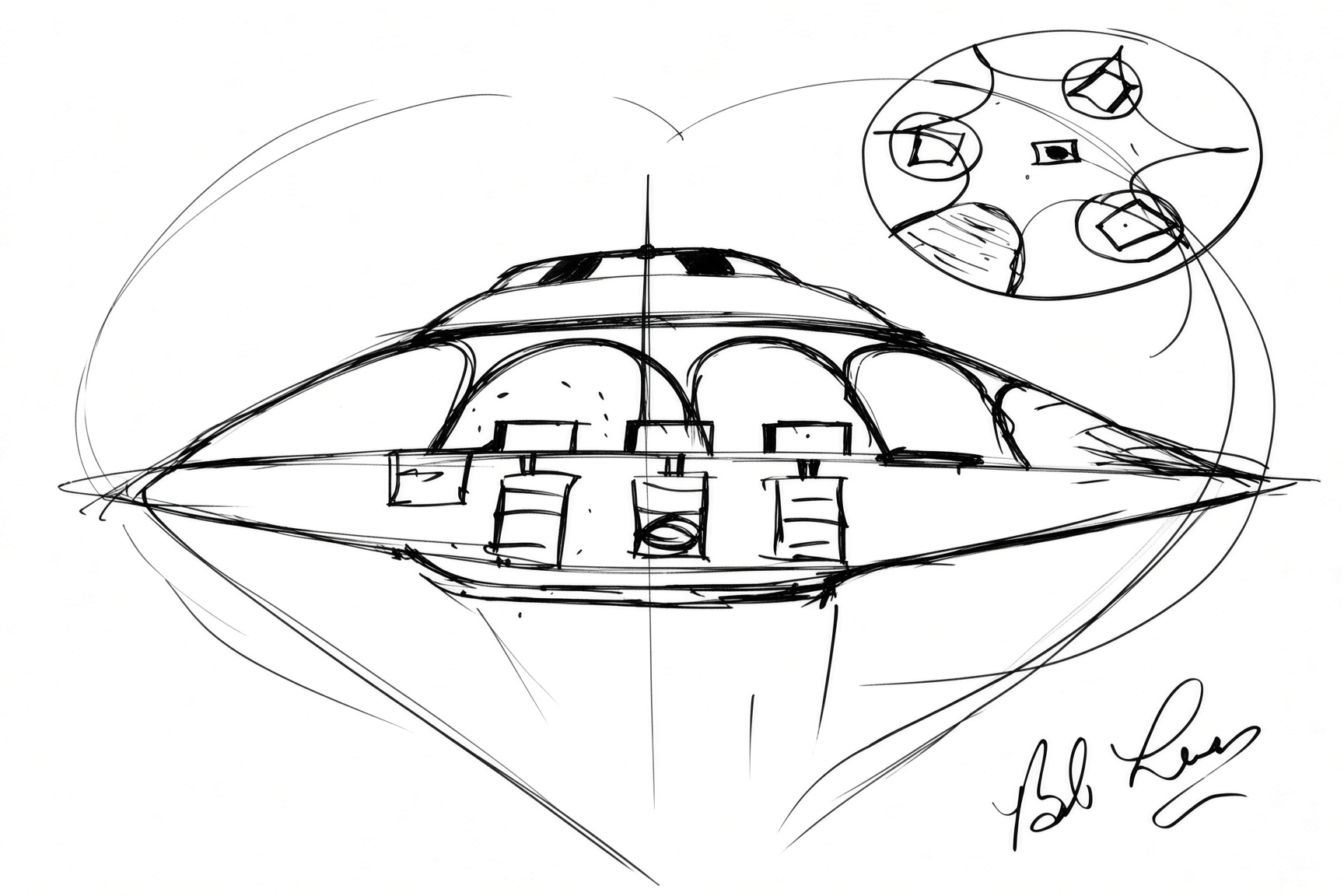 Bob Lazar sketch of the sport model disc, as drawn in ink on white