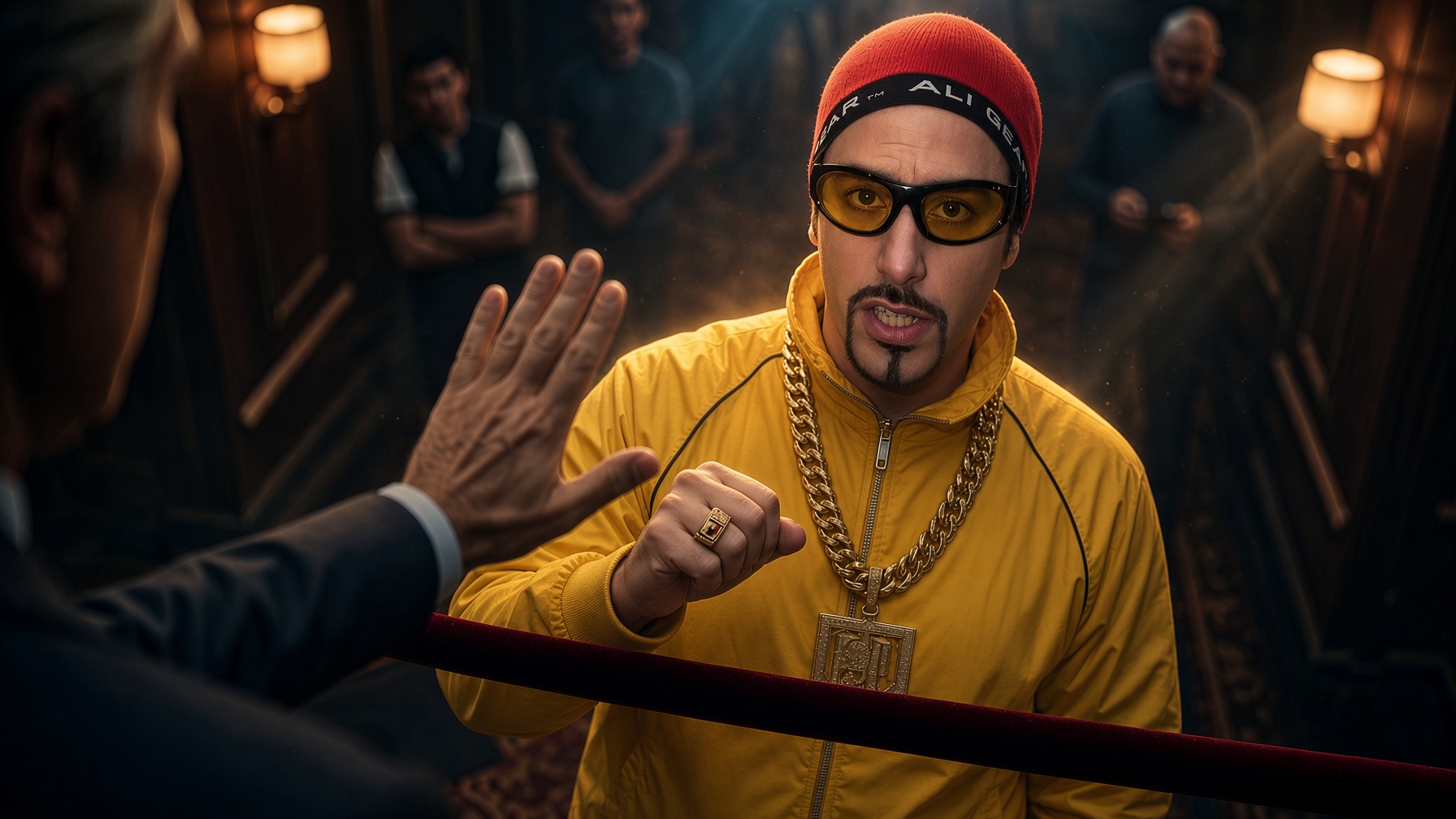 Ali G in a yellow tracksuit meeting an unimpressed man in a suit