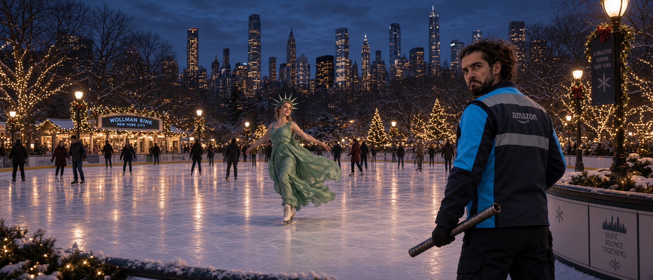 A figure in a delivery vest holds a pipe at the edge of a city skating rink