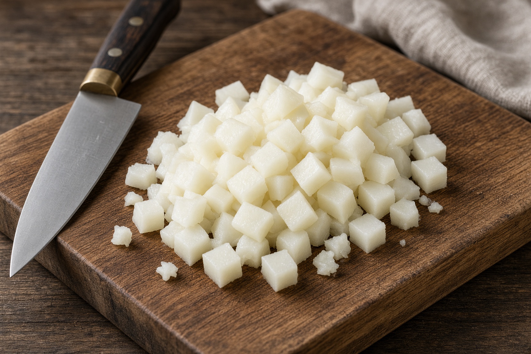 Small-diced potato cubes on a wooden board beside a blade