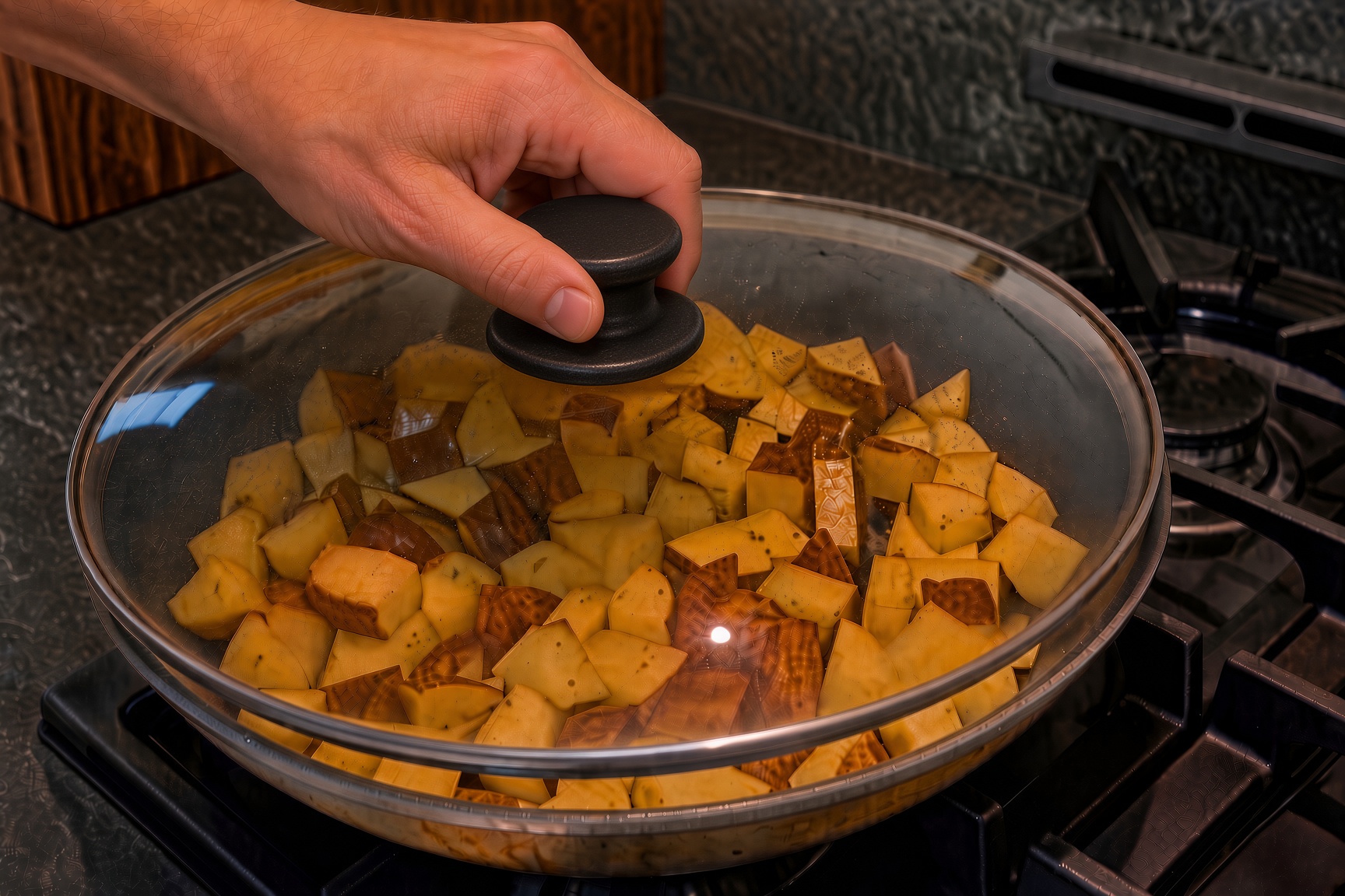 A hand lifting the glass lid off potatoes steam-frying in the skillet
