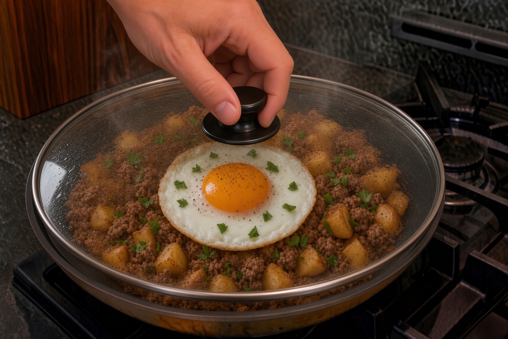 A hand setting the glass lid over the finished hash, a fried egg at the centre