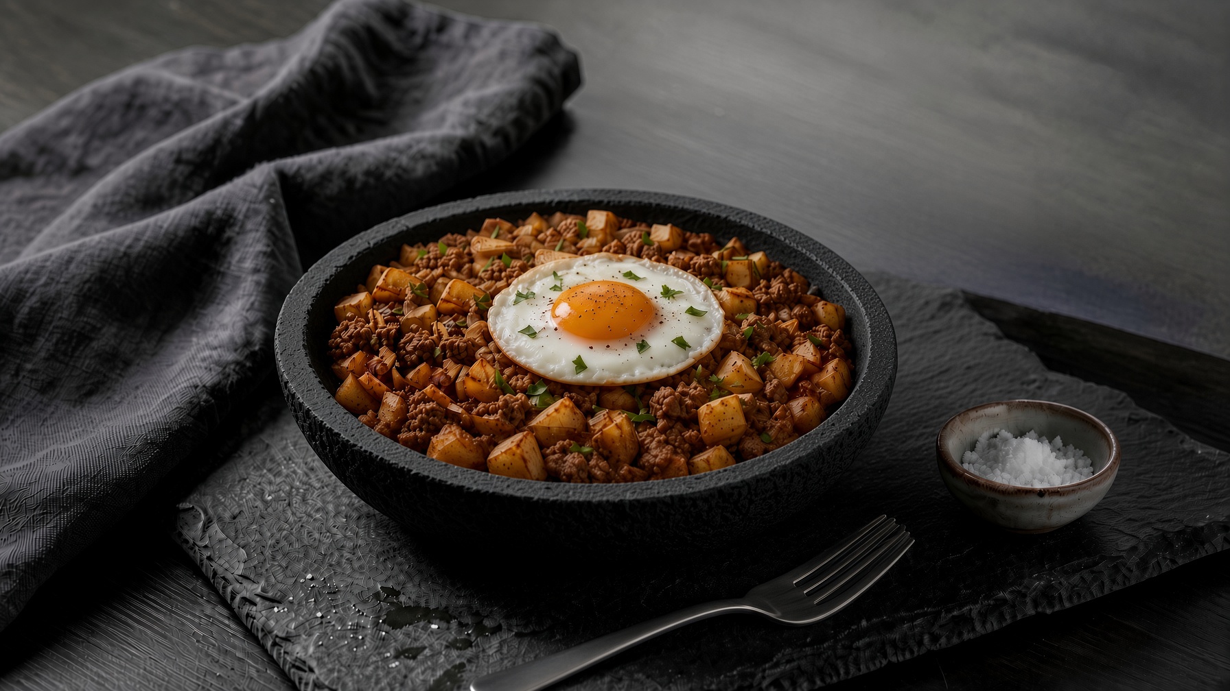 The finished lamb and potato hash in a black skillet, a fried egg on top