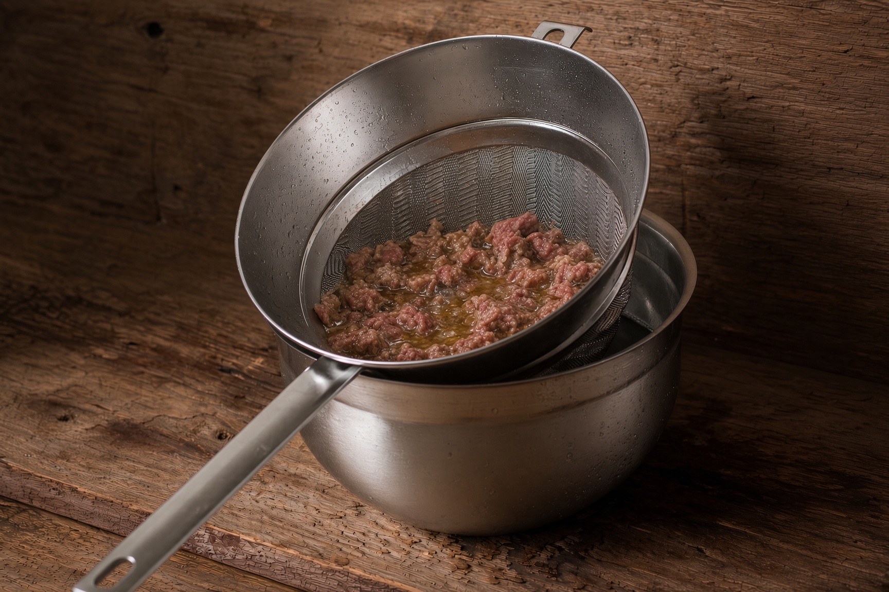 Browned lamb draining in a sieve set over a saucepan