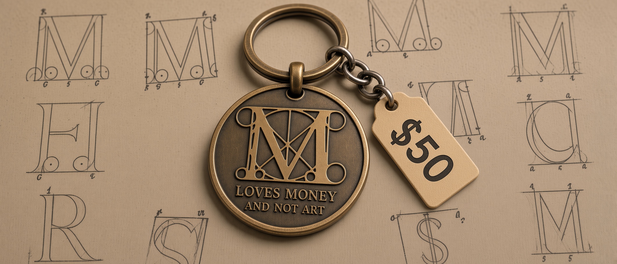 A brass keychain stamped with the old M reading LOVES MONEY AND NOT ART, a $50 price tag on the ring