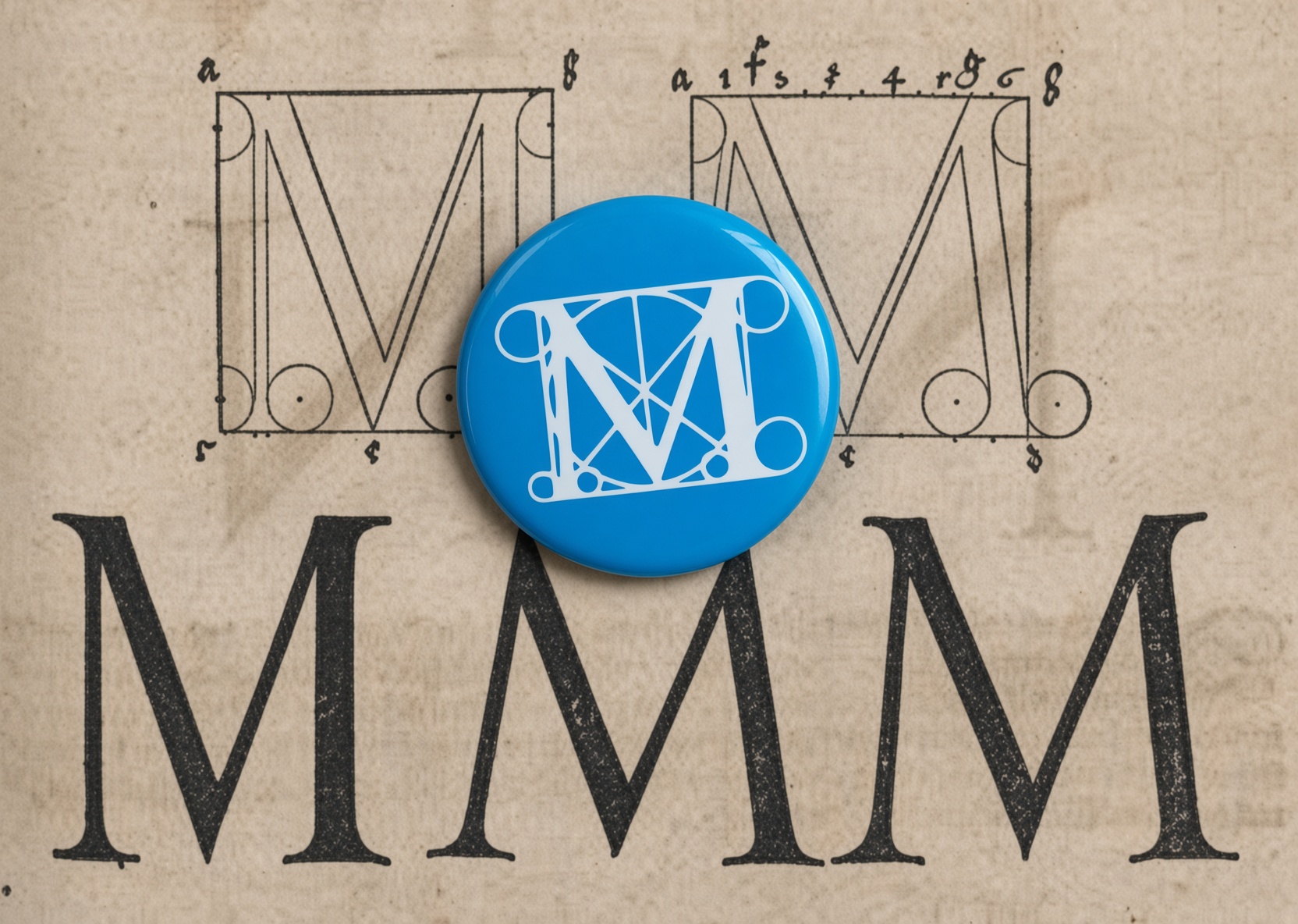 The retired Metropolitan Museum M on a button, laid over Durer's compass construction of the letter from Underweysung der Messung