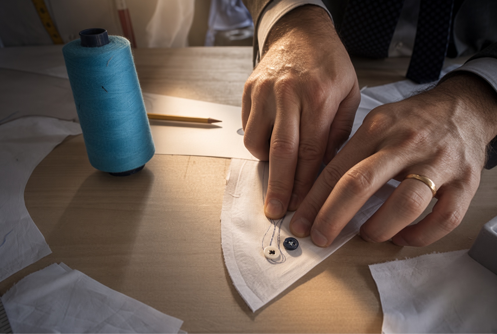 A tailor's hands at close range, working a seam
