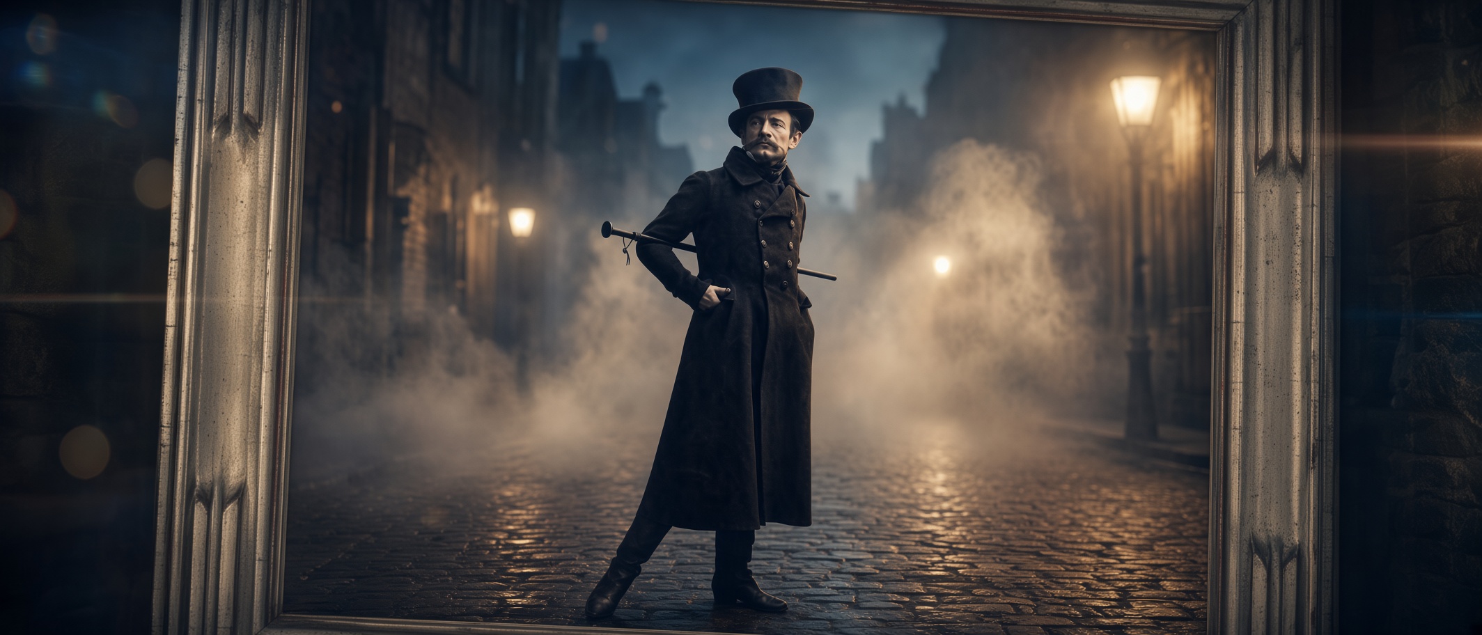 A dandy in a top hat and long coat, cane across his shoulder on a gaslit cobbled street, shown inside a gilt frame