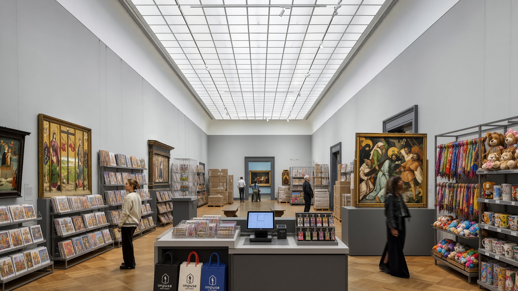 A skylit painting gallery filled with gift-shop racks — postcards, scarves and plush toys beneath the old masters