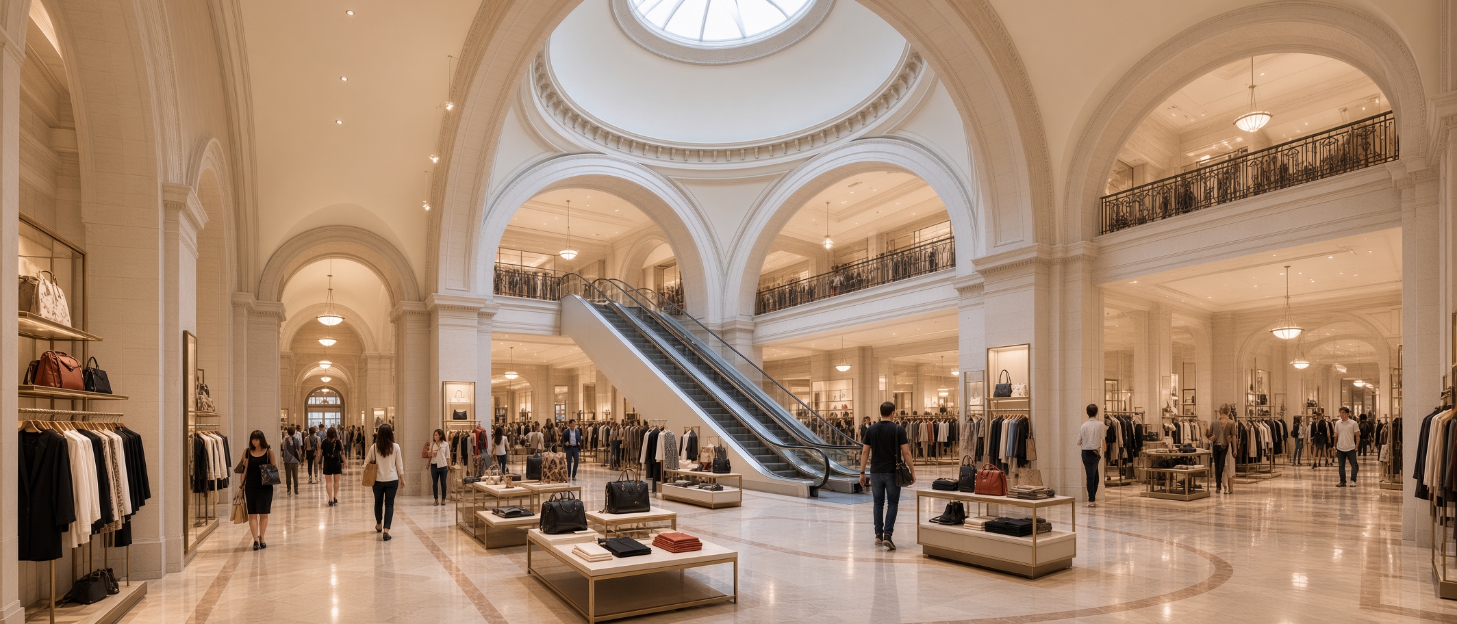 The Great Hall reimagined as a department store: an escalator under the dome, handbag vitrines and clothing racks between the arches