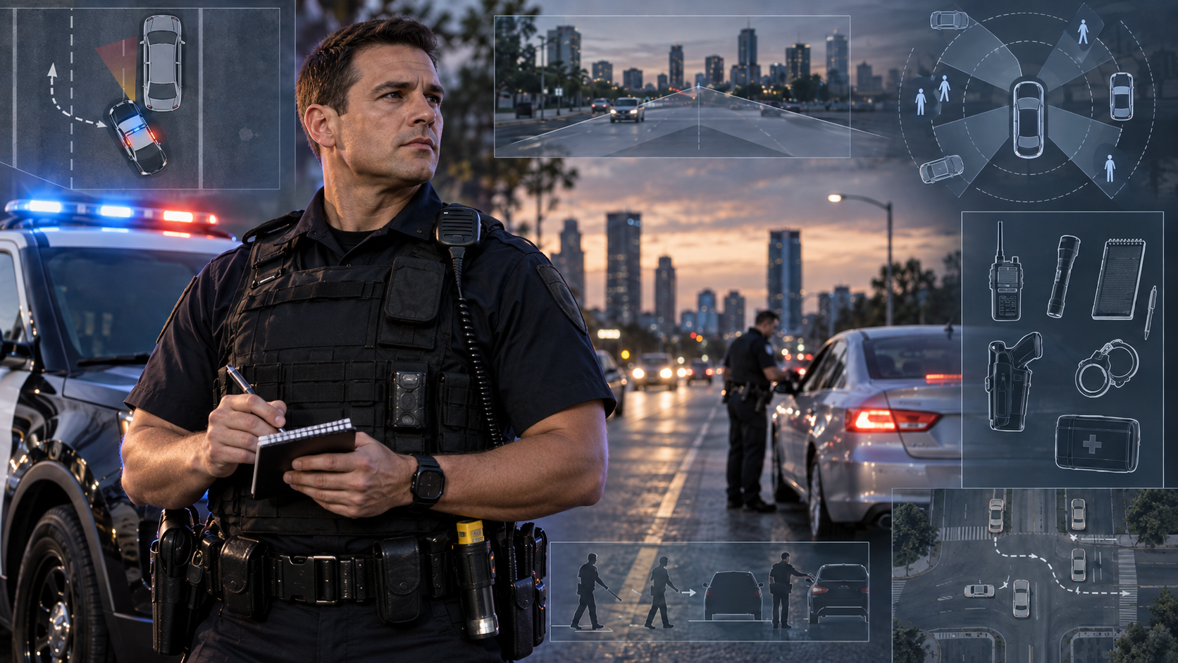 Officer writing on a notepad at a traffic stop, with tactical diagrams overlaid