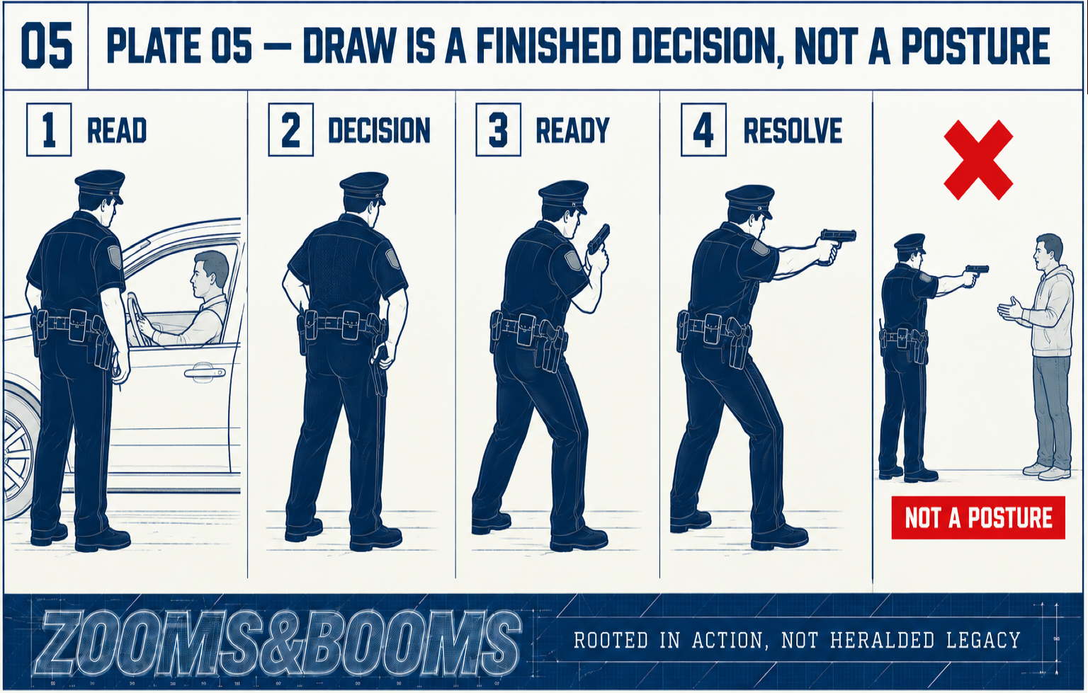 Plate 05: read, decision, ready, resolve — and the wrong version, gun pointed at a man who is only arguing