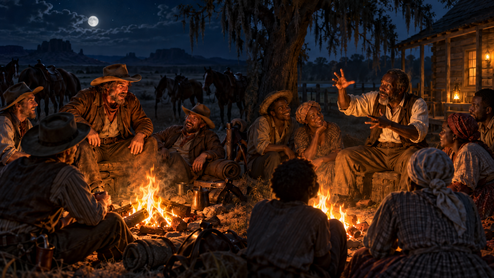 Two firelit gatherings, side by side at night