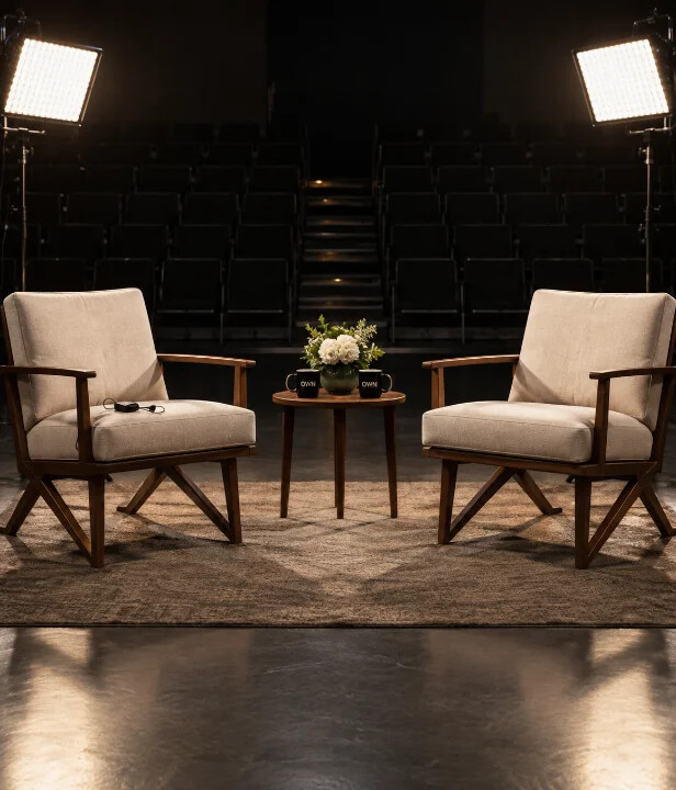 Two empty talk-show chairs facing each other on a lit set, dark empty audience risers behind them
