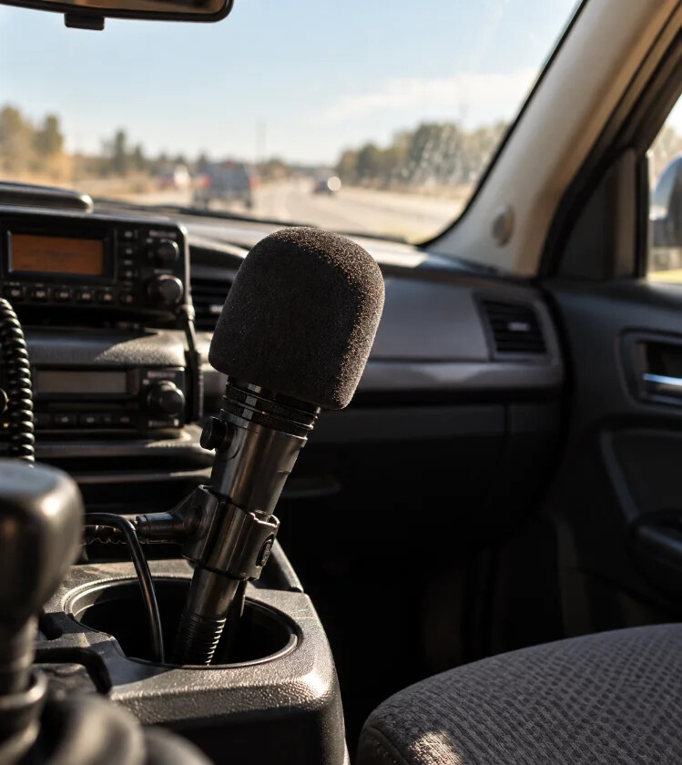 A broadcast microphone wedged upright in a car's cupholder, highway visible through the windshield