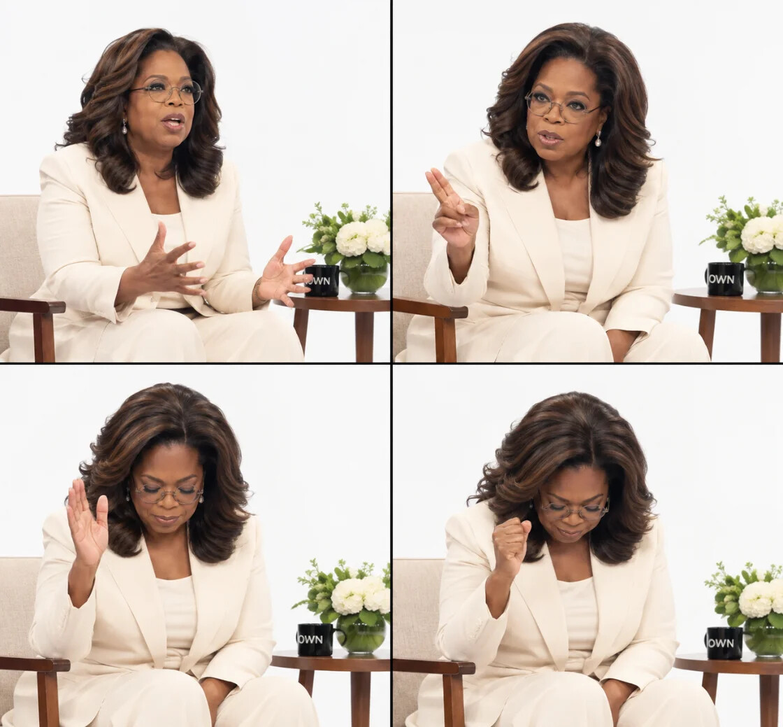 Four-frame contact sheet of Oprah nodding in sequence, ending with her head lowered and one hand raised
