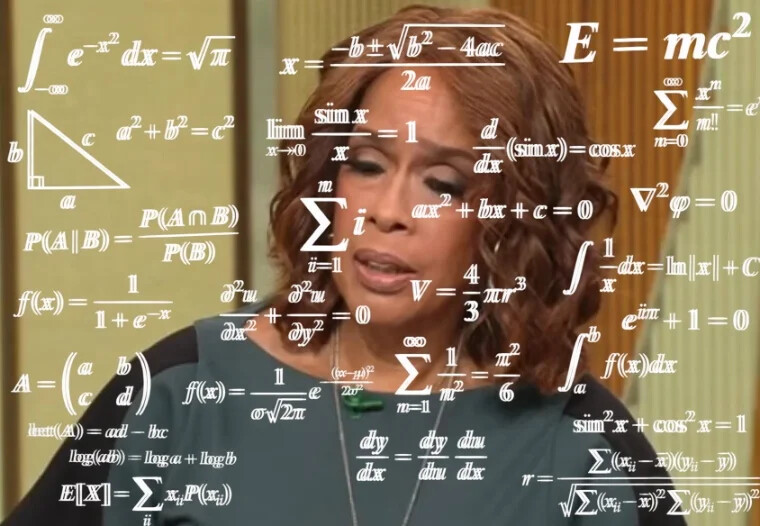 Freeze-frame of Gayle King mid-sentence, eyes unfocused, overlaid with a swirl of mathematical equations in the style of the 'math lady' meme