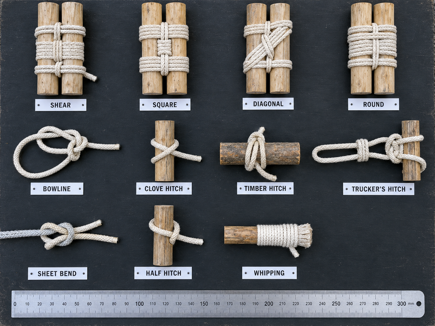 Knot board photographed from above: four lashings on paired spars, seven knots, each labelled, with a 300 mm rule along the bottom