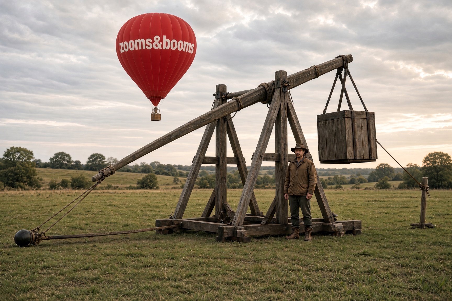 The finished trebuchet standing cocked in a field, builder beside the front leg for scale