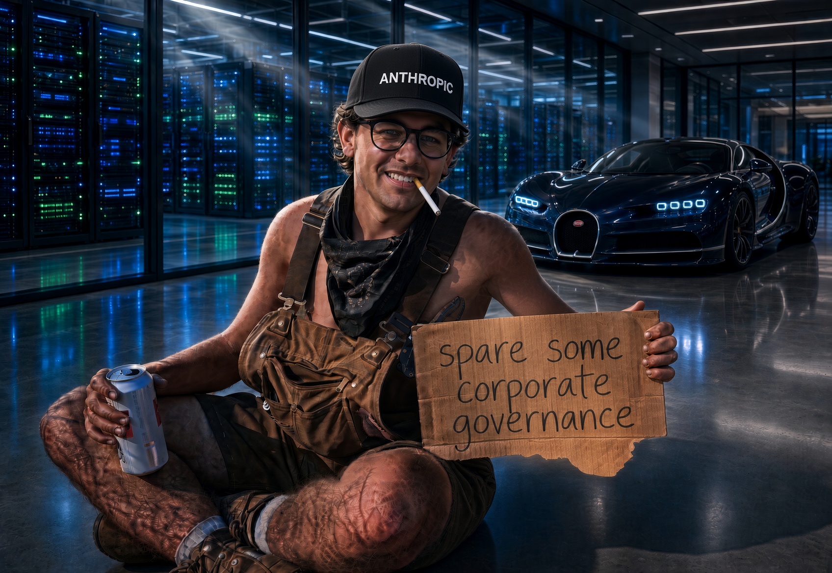 A man in an Anthropic cap sits on a data center floor holding a cardboard sign reading spare some corporate governance