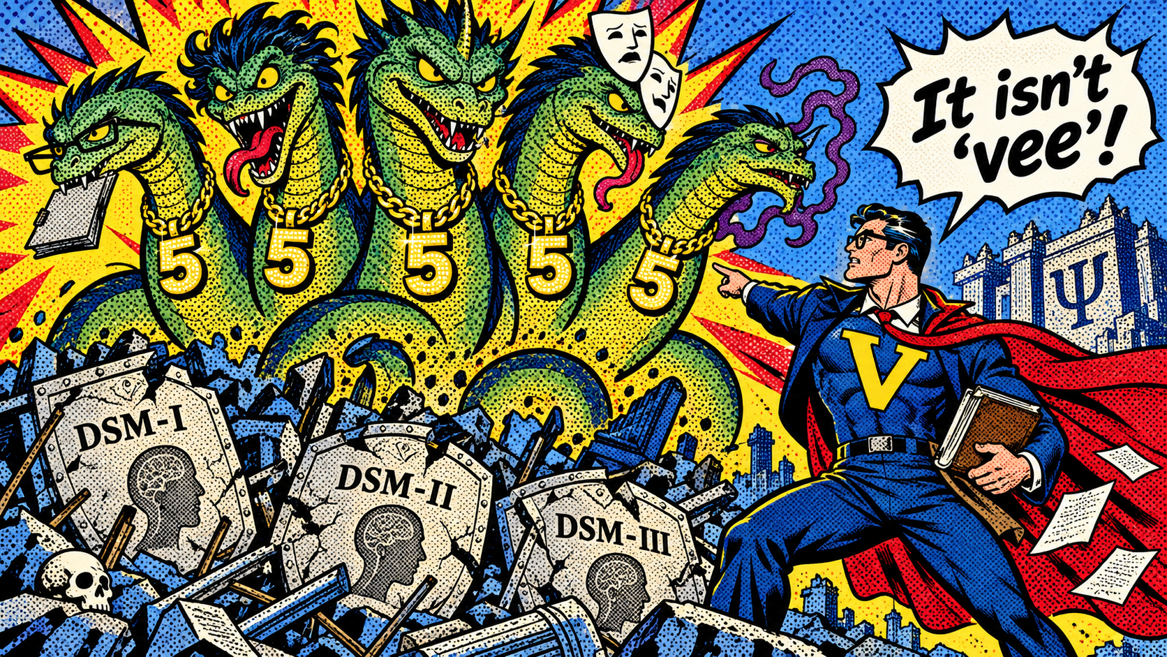 Pop-art hydra wearing DSM-5 medallions towering over the rubble of DSM-I, II and III